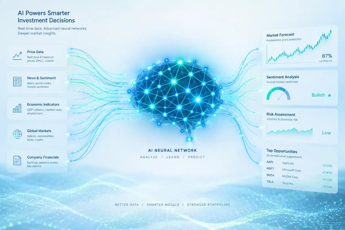 Belvoraine AI engine concept: neural network analyzing price data, news sentiment and economic indicators